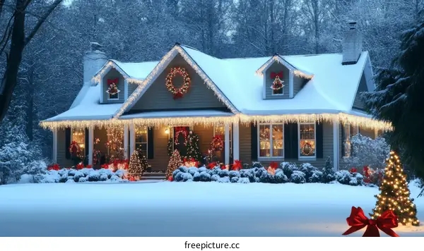 Decorated House in Snowy Winter Scene