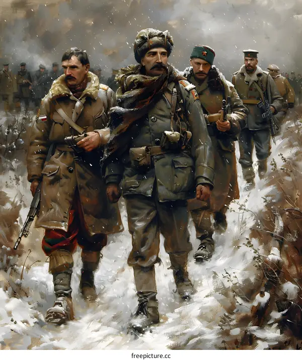 Soldiers marching through the snow