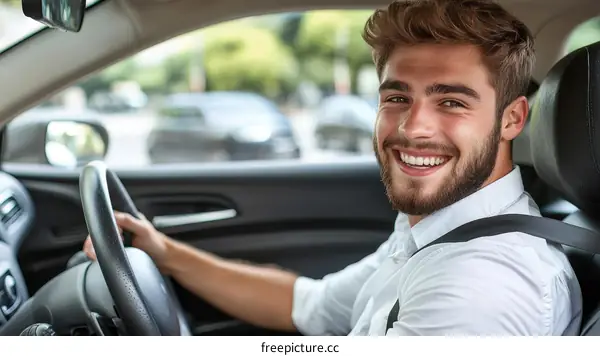 Happy Caucasian Man Driving Car