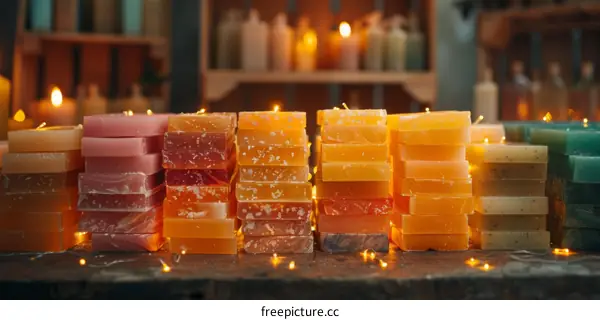 Vibrant Handmade Soap Bars in a Stacking Arrangement