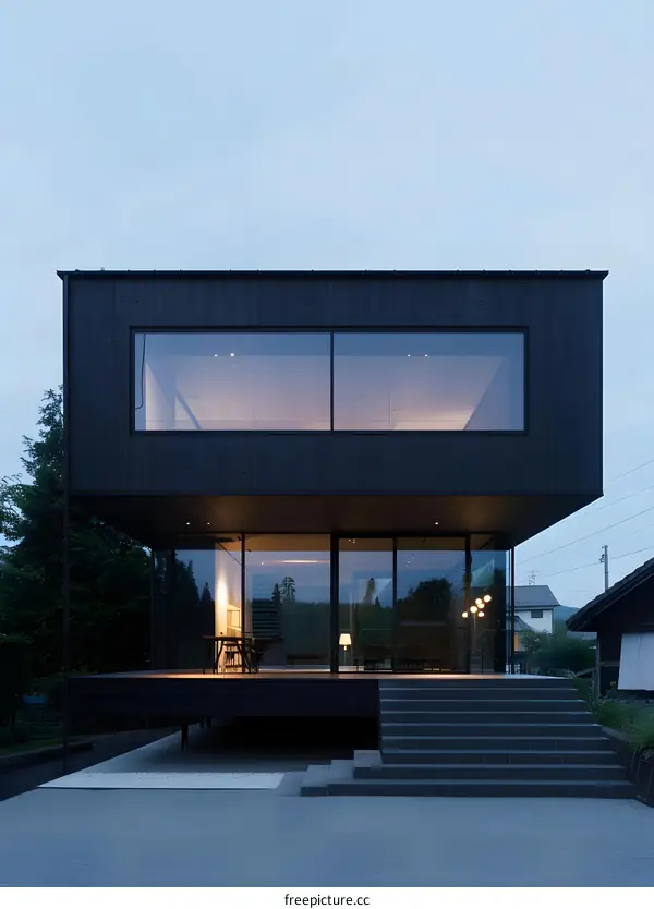 Modern Black House with Large Windows and Stone Steps