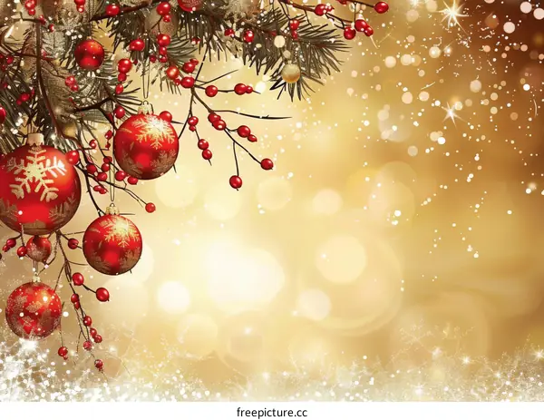 Christmas ornaments hanging from a snow-covered branch