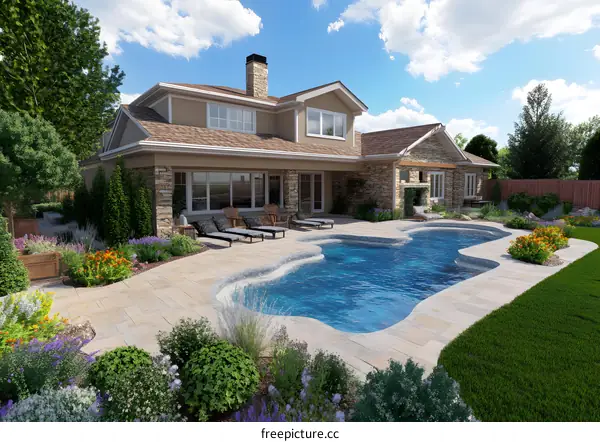 Luxury Backyard Pool Design with Stone Patio and Landscaping