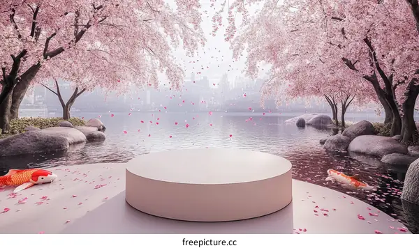 Cherry Blossom Lakeside Scene with Product Display