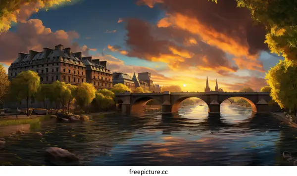 A beautiful painting of a cityscape with a river flowing through it.