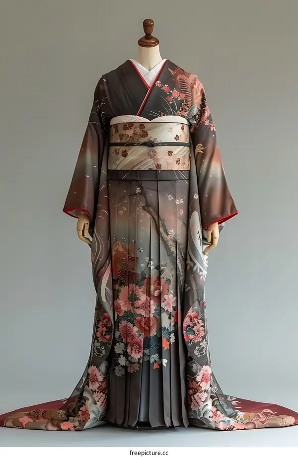 A kimono with a pattern of phoenixes and flowers