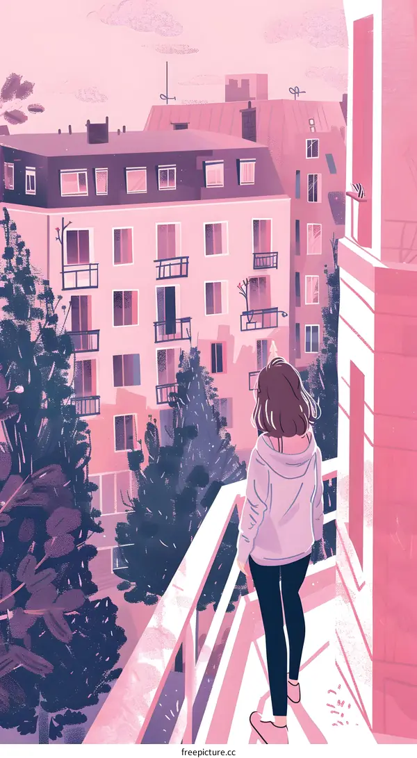 Pink Cityscape Illustration with Woman on Balcony