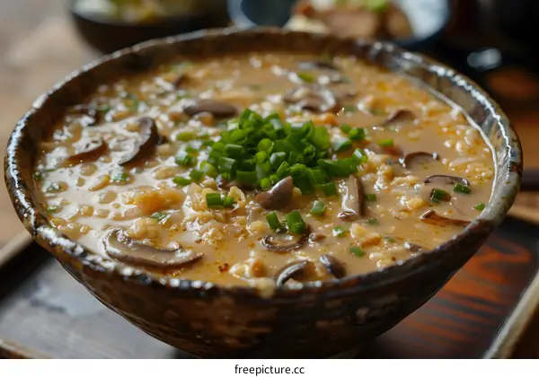 Closeup of a Bowl of Creamy Mushroom Soup with Green Onions