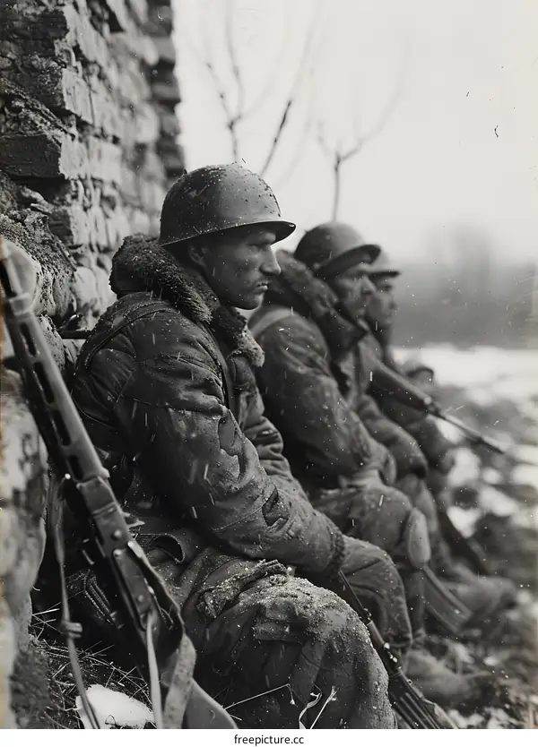 A group of soldiers sit on a pile of rubble during the Battle of Stalingrad.