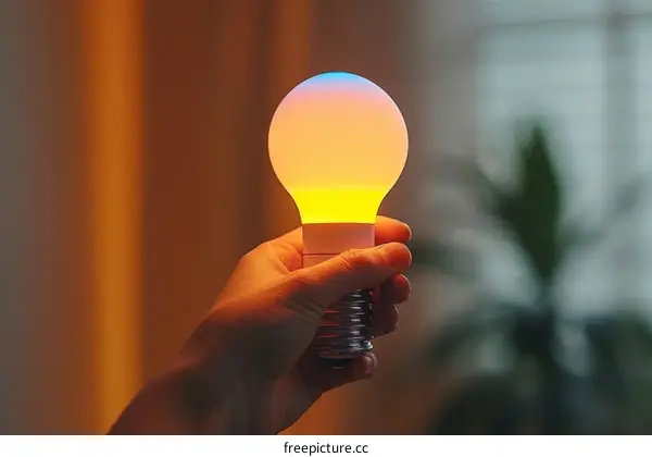 Hand holding a smart light bulb with a glowing blue, orange, and yellow gradient
