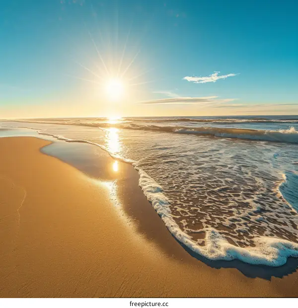 The setting sun casts a golden glow on the beach