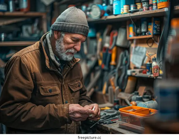 An old man is working in his workshop.