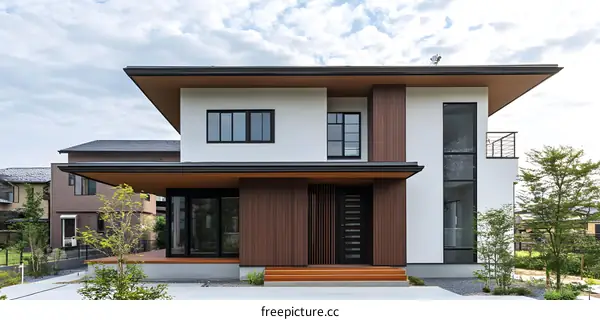 Modern Two Story House With White Walls And Wooden Accents