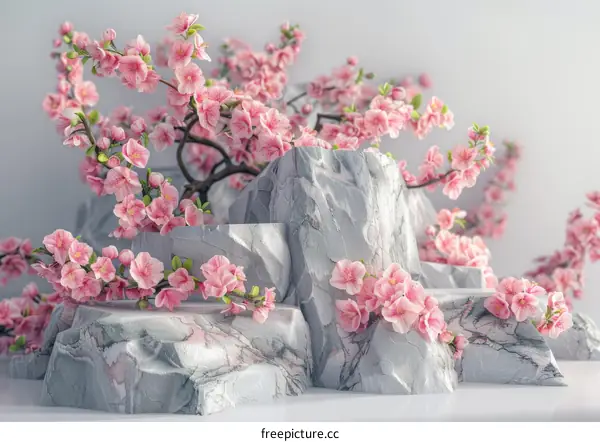 Pink Cherry Blossoms on Grey Rocks