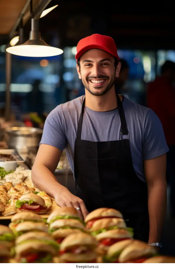 Portrait of a smiling Middle Eastern man wearing a red cap and apron while working at a food stall