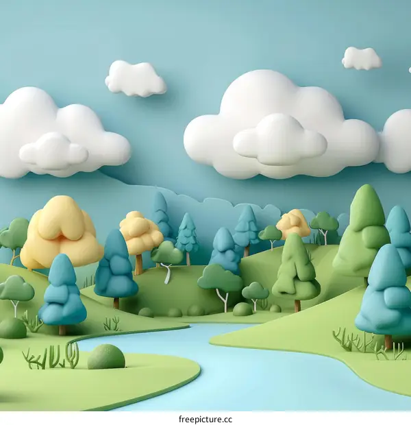 Cartoonish 3D Landscape Illustration with Trees and Clouds