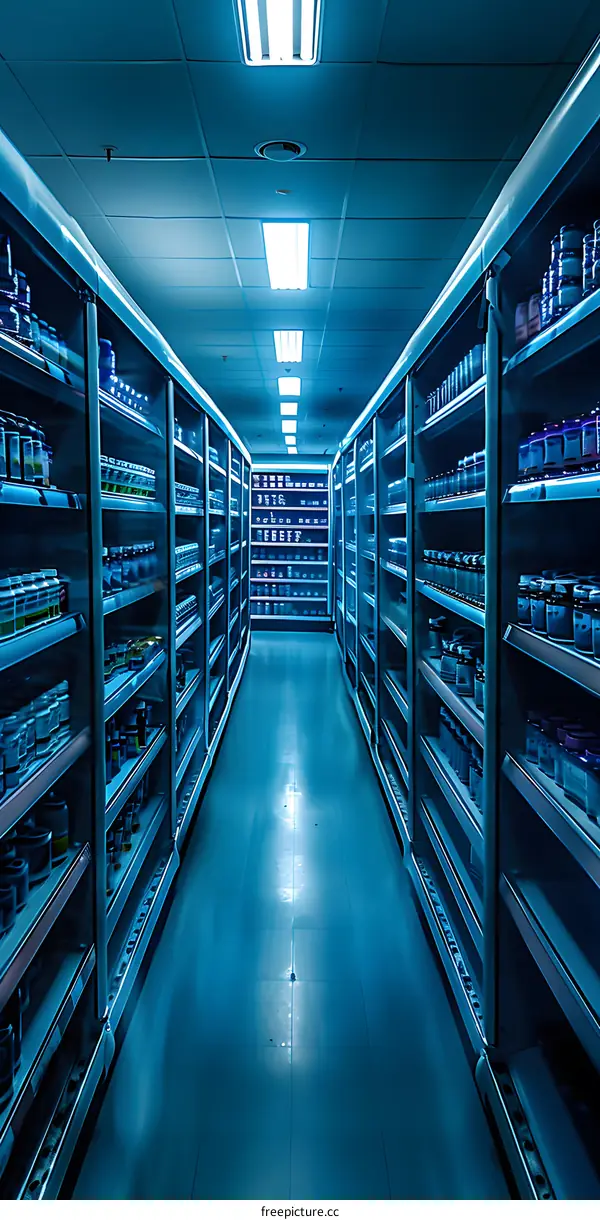 Empty Supermarket Aisle with Shelves and Fluorescent Lights