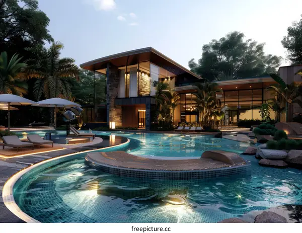 Luxury Villa Swimming Pool Evening View