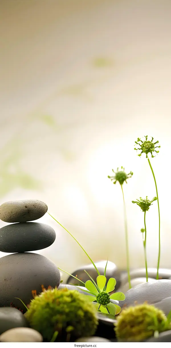 Stack of Stones, Green Plants and Blurred Background