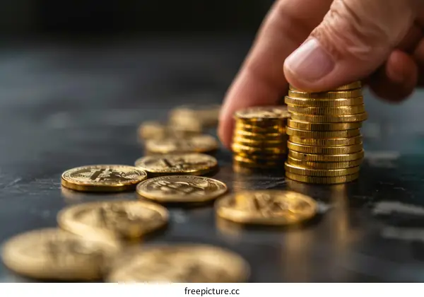 A hand is stacking a stack of physical bitcoins on a black background.