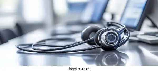 Office Headset on Desk in Modern Workplace