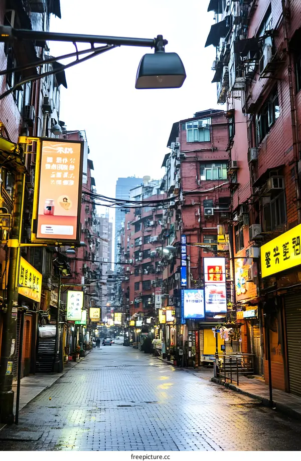 Empty Street in Hong Kong with Neon Signs