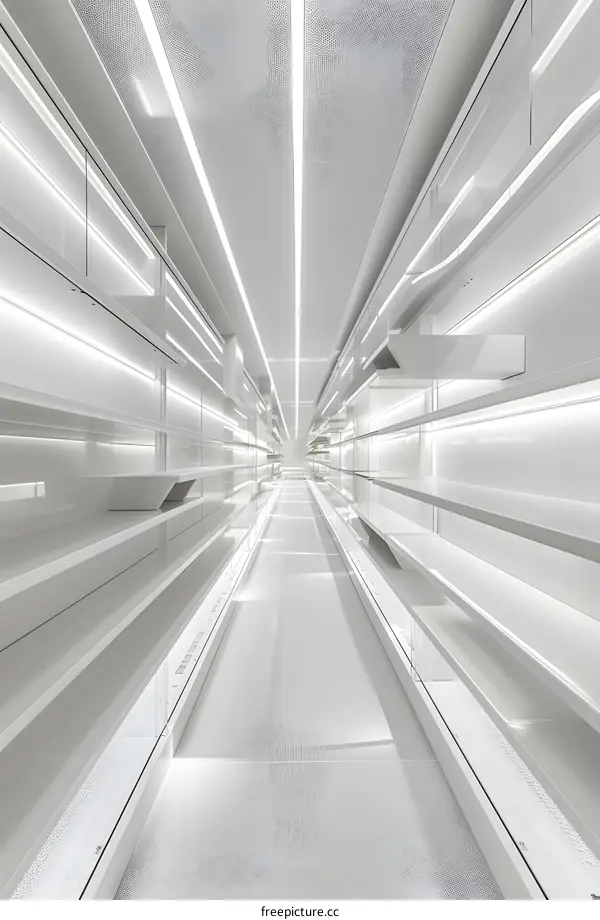 White Corridor with Shelves and Bright Lights
