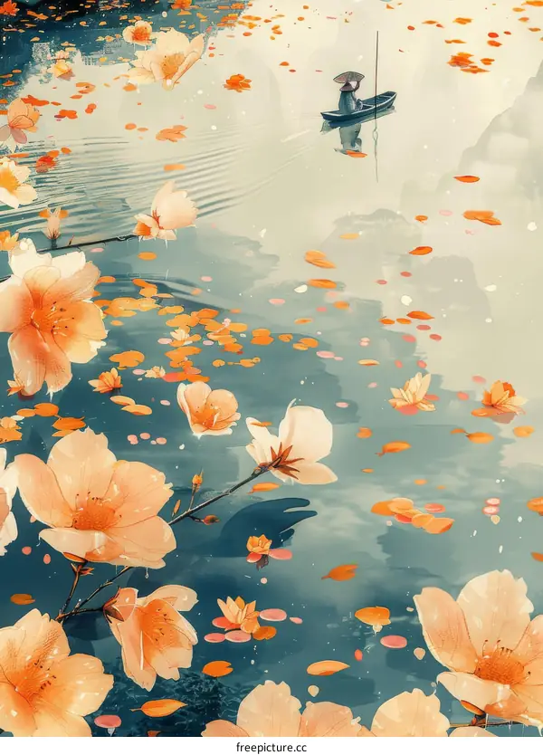 A boat floating on the lake with peach blossoms falling