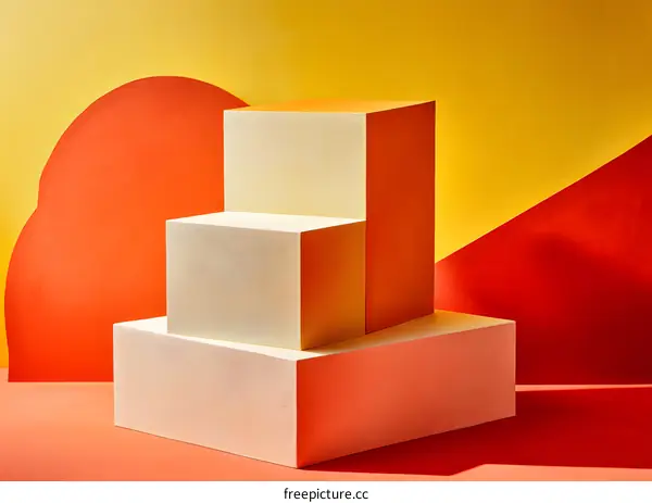 Abstract Minimalist Product Photography Set With Three White Cubes Against Red And Yellow Background