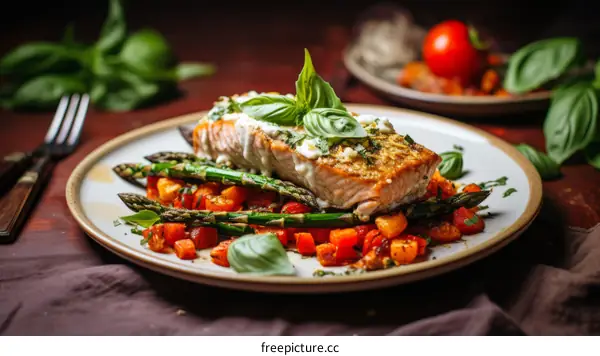 Grilled Salmon with Roasted Asparagus and Tomatoes