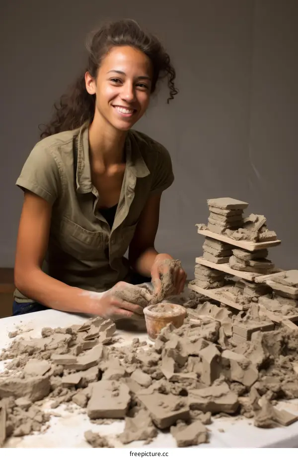 Young woman working with clay