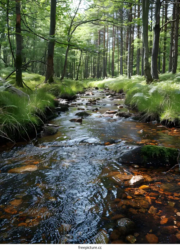 A beautiful picture of a creek flowing through a lush green forest.