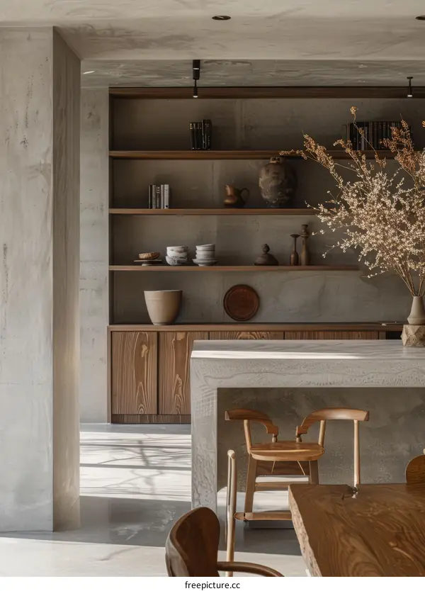 Elegant Dining Space with Wood Table and Concrete Island