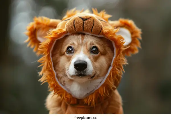A cute corgi dog wearing a lion costume