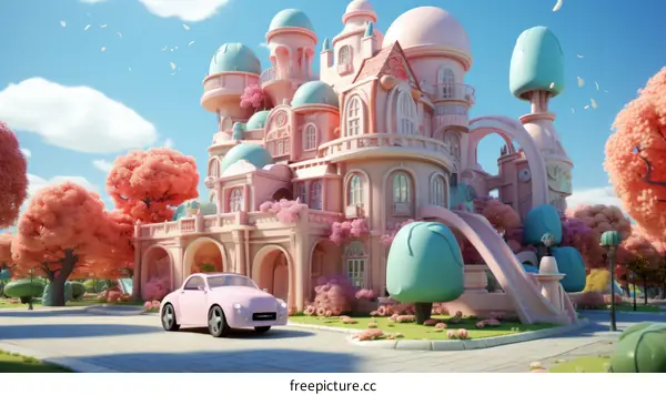 A pink and blue cartoon house with a pink car parked in front of it