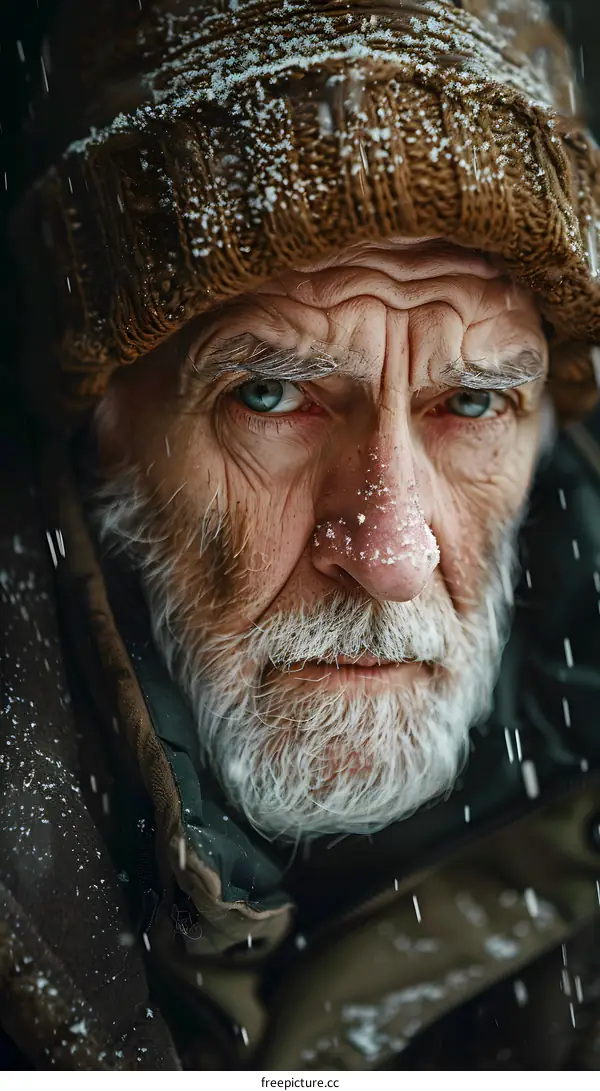 Close Up Portrait of Senior Man with Snow on His Beard