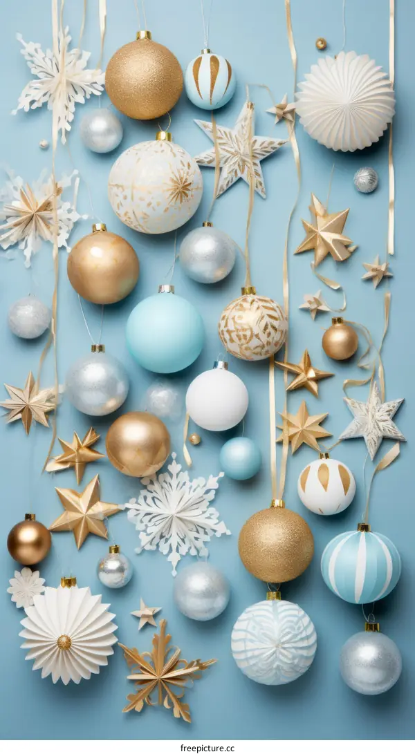 Sparkling Christmas Ornaments on Blue Background