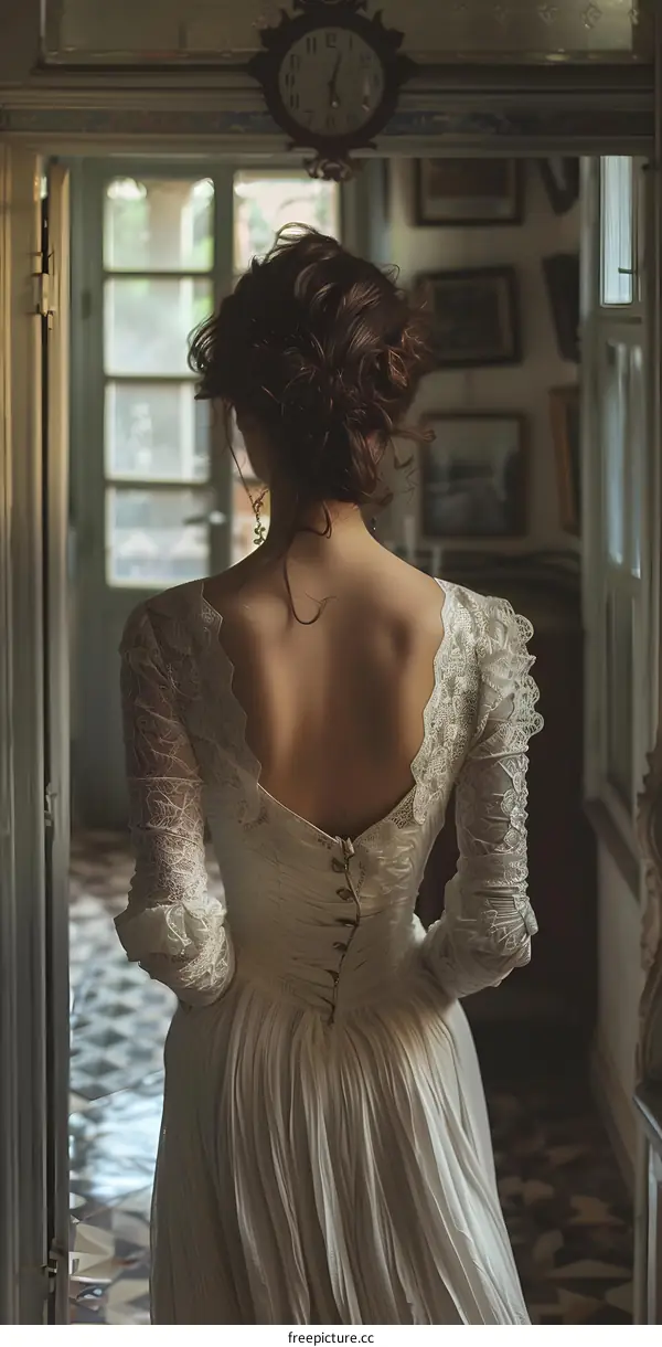 A woman in a white dress standing in a hallway