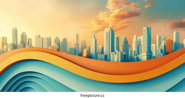 Abstract Cityscape with Blue and Orange Waves