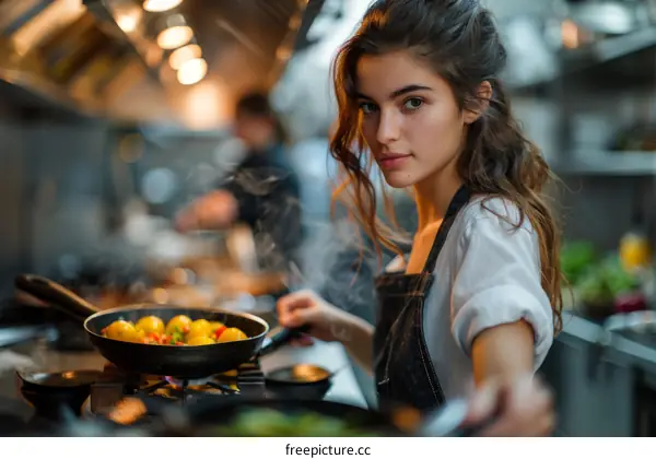 Young female chef cooking in a commercial kitchen