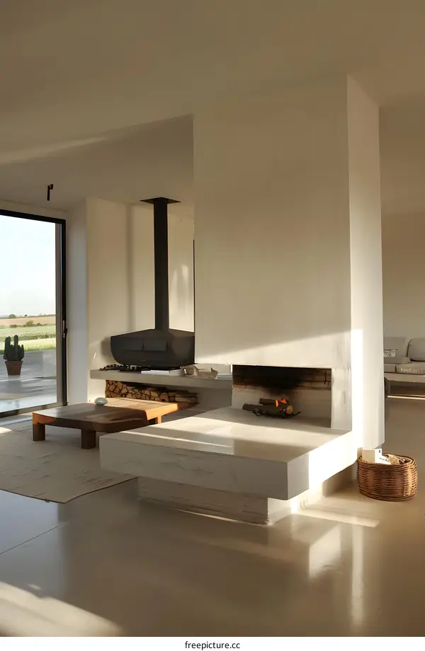 Modern Minimalist Living Room with Fireplace and Large Window