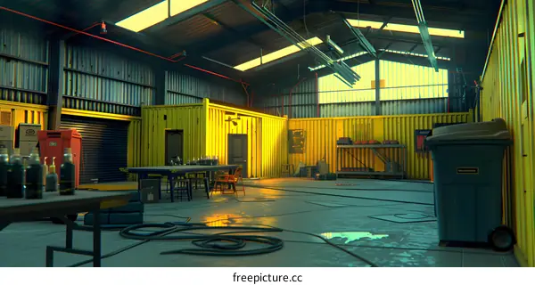 Industrial Warehouse Interior with Yellow Walls and Sunbeams