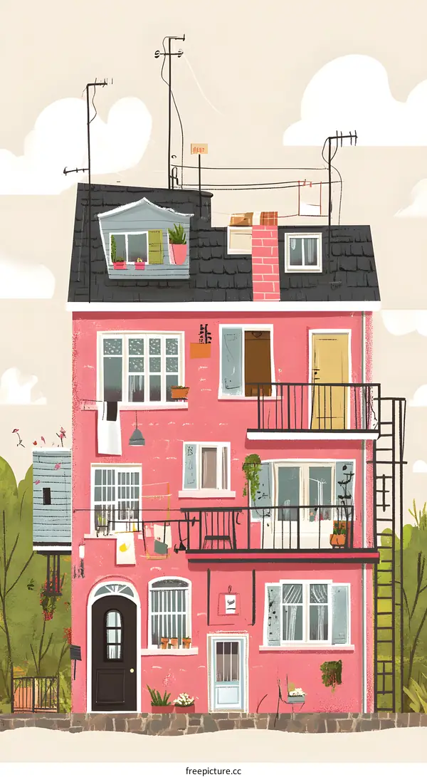 Pink Building with Balconies and Rooftops Illustration