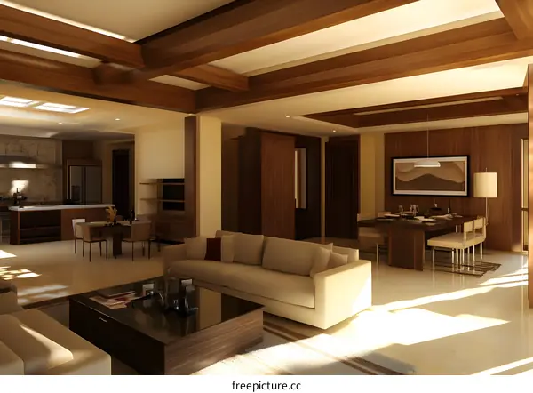 Modern Living Room Interior Design With Wooden Beams