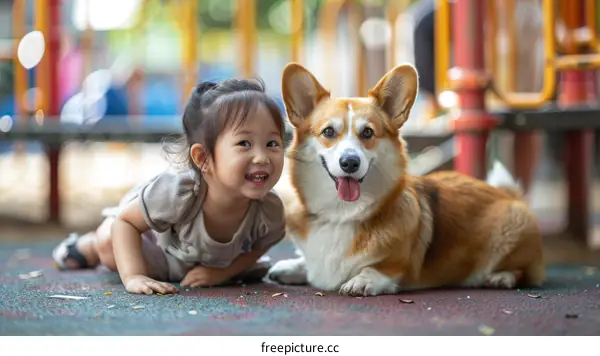 Asian toddler girl playing with a corgi dog in the playground