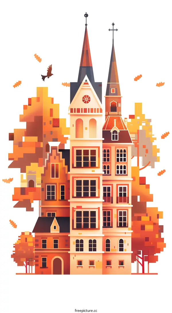 Autumn Scene with a Tall European Building