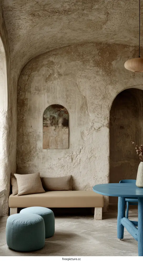 Rustic Interior Living Area with Beige Sofa and Teal Poufs