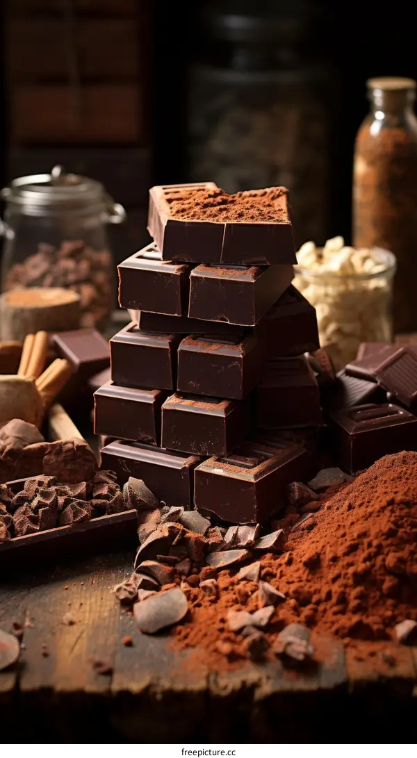 Stack of dark chocolate bars and cocoa powder