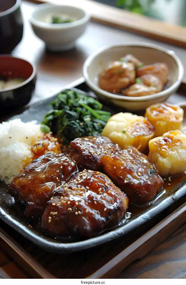 Japanese food bento with rice, pork and vegetables