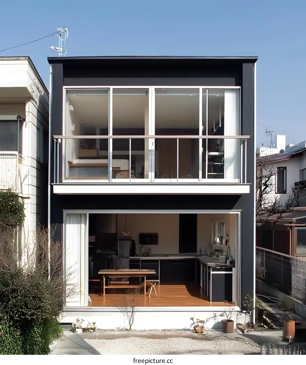 Modern Black and White House with Glass Doors and Balcony